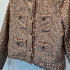 Gold Tweed Button Jacket, Blazer, Shoulder Pads, Unbranded, Casual Chic, M